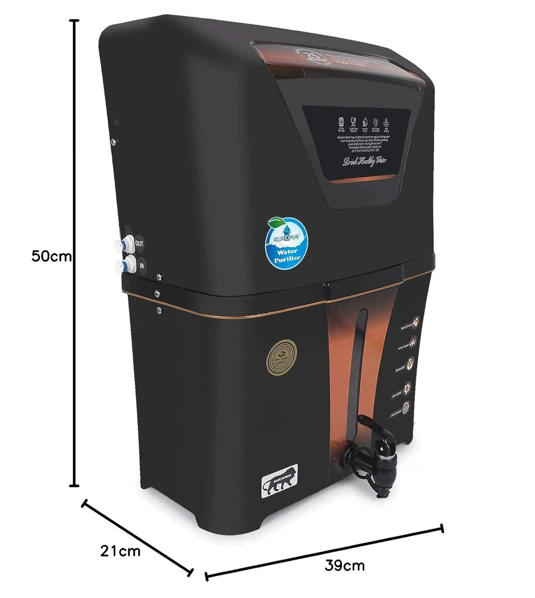 AQUA D PURE 4 in 1 Copper RO Water Purifier with 10 Stage Purification Filtration, UV, UF, TDS Adjuster and 12 Liter Large Storage Tank, Suitable for all type of water supply.
